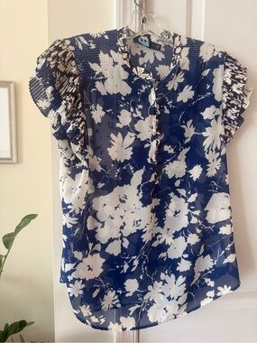 Ralph Lauren Navy and White Floral Ruffle Sleeve Blouse
